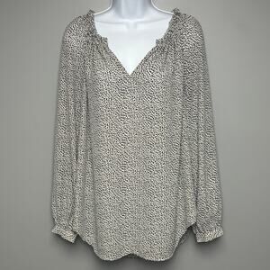 Ann Taylor Black White Puff Sleeve Ruffle Neck Flowy Tunic Blouse Womens Sz M